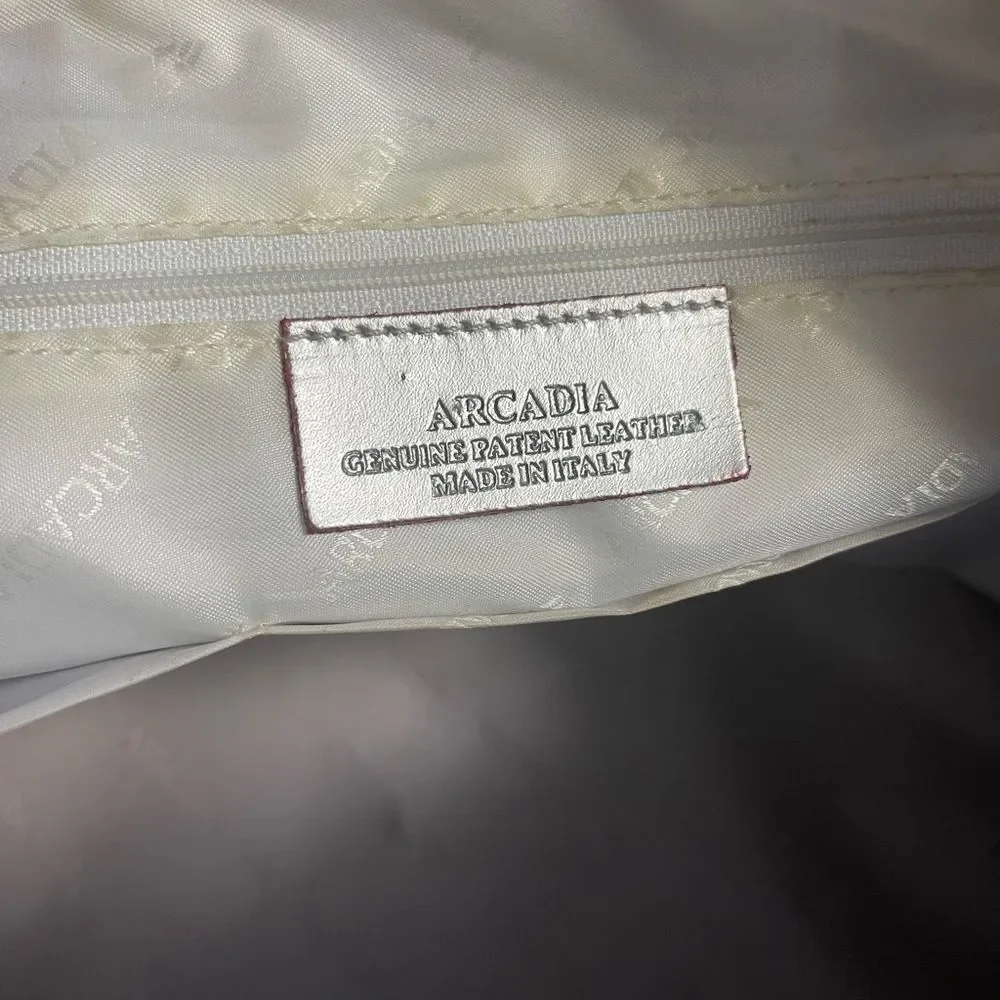 Arcadia leather Patent Leather Cream and Silver Dome style medium Satchel.